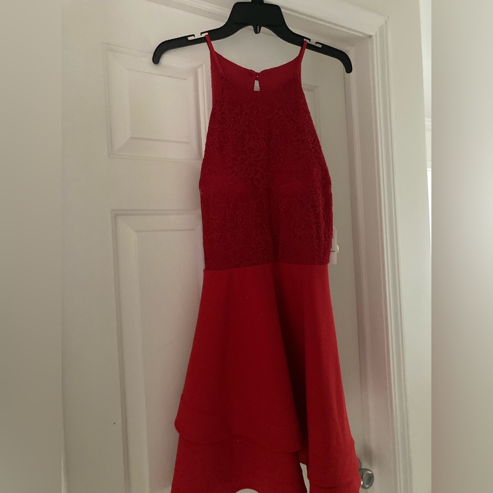 High-Neck Lace-Bodice Double Hem Fit-and-Flare Dress - B. Darlin